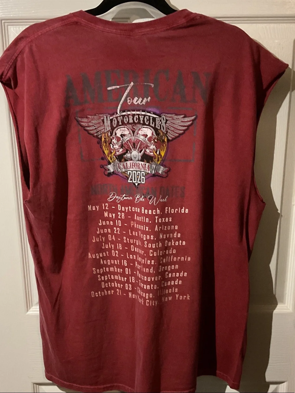 Red American Tour Motorcycles Sleeveless Graphic Muscle Tank with Backhit